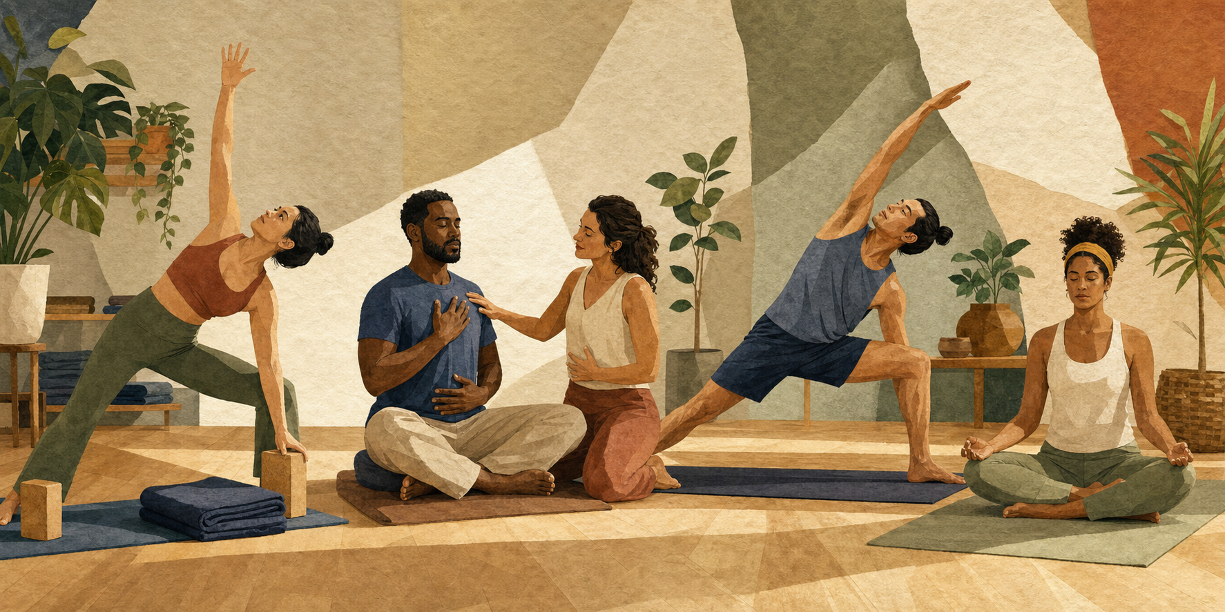 Four connected scenes show posture alignment with props, guided breathing, a controlled flowing sequence and seated concentration.