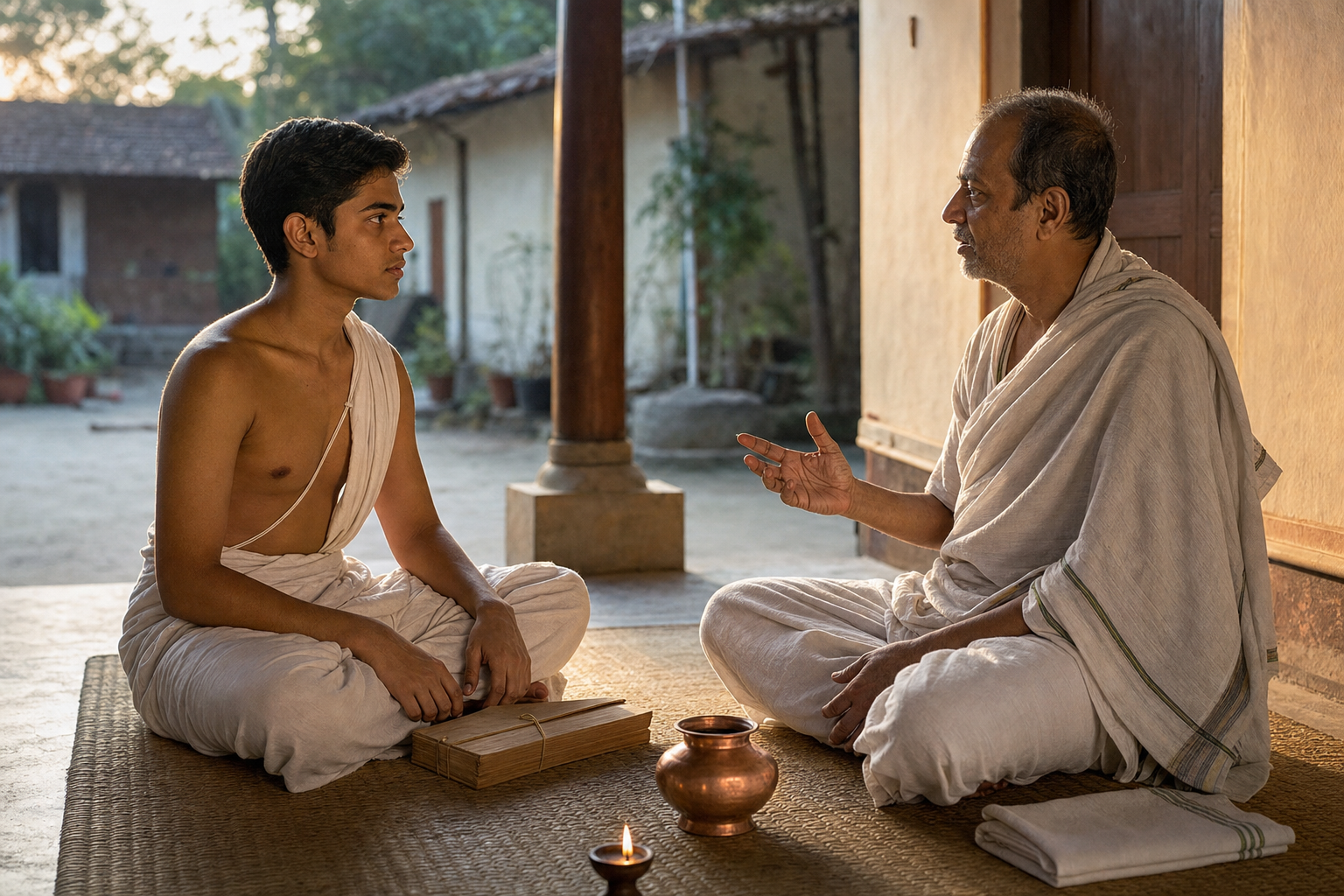A sacred-thread initiate sits on a woven mat at sunrise and receives quiet instruction from a teacher on a veranda.