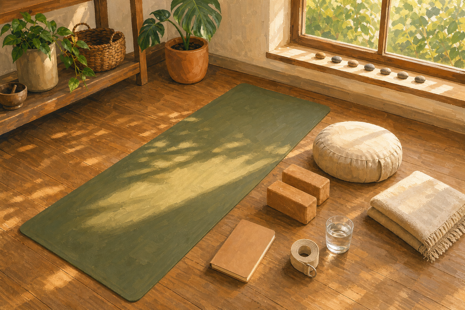 A home practice corner contains a yoga mat, cushion, blocks, strap, blanket, water and seven small pebbles arranged beside a closed notebook.