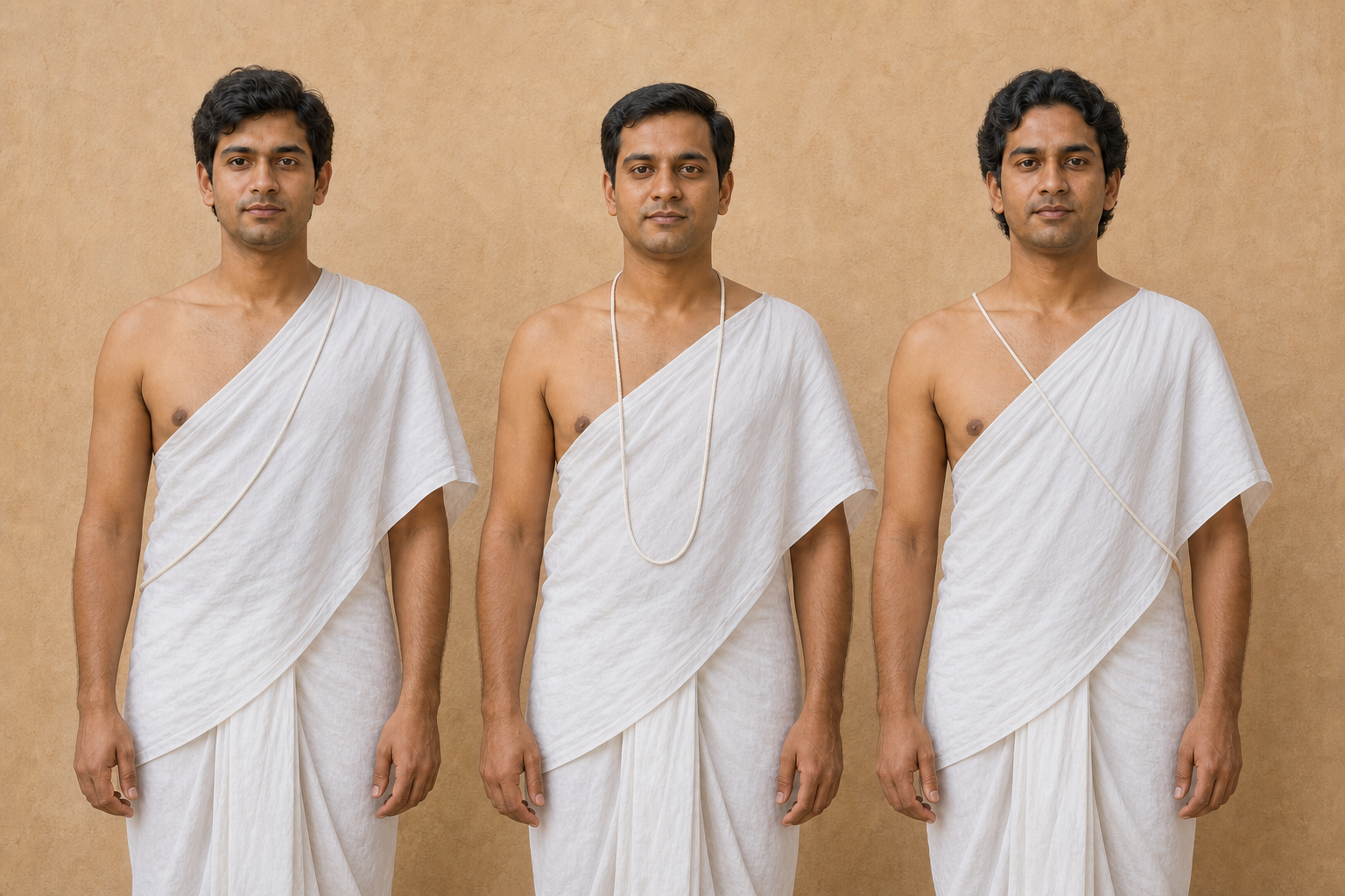 Three adult figures demonstrate the sacred thread over the left shoulder, around the neck, and over the right shoulder.