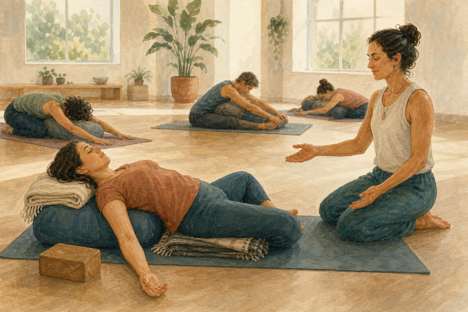 A yoga instructor offers a supported resting option to an adult practitioner using a bolster and folded blanket in a bright studio.