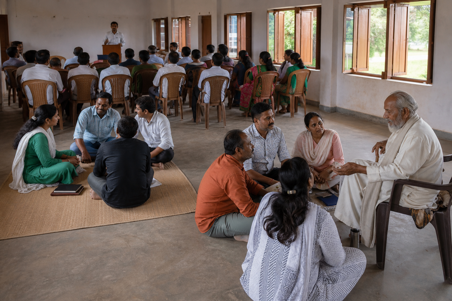 A community hall scene showing a public lecture, small-group discussions, and spiritual guidance taking place at the same event.