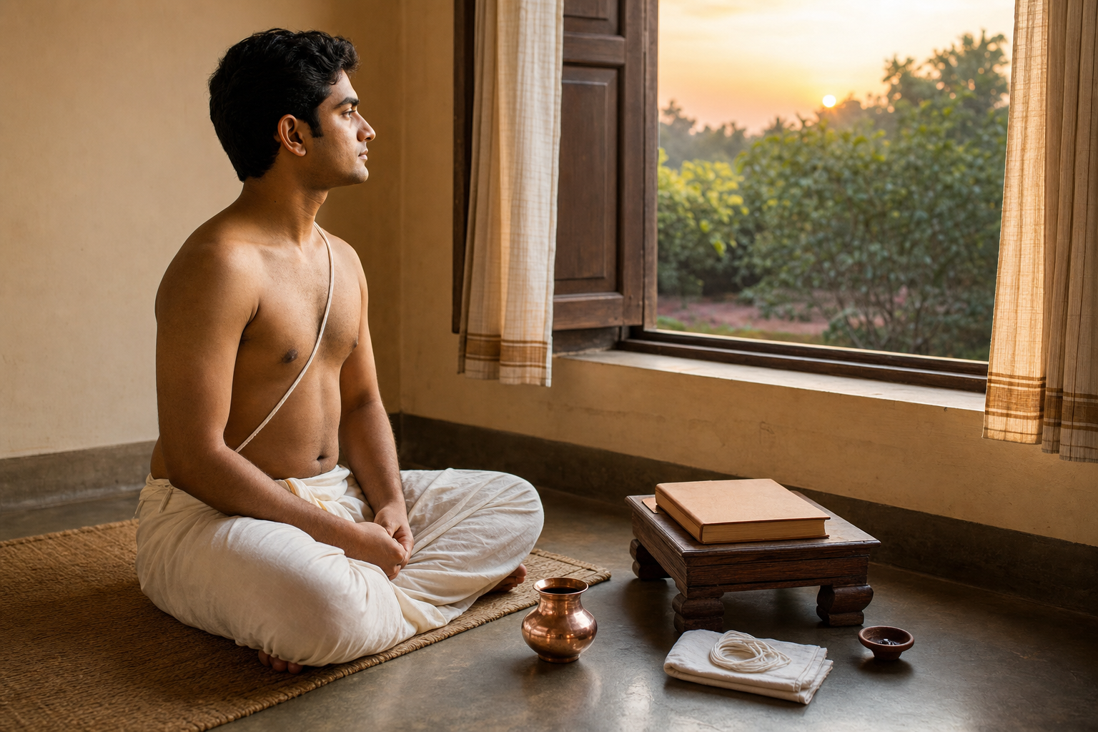 A sacred-thread initiate practices quietly at dawn beside a copper water vessel, study materials and a spare cotton thread.