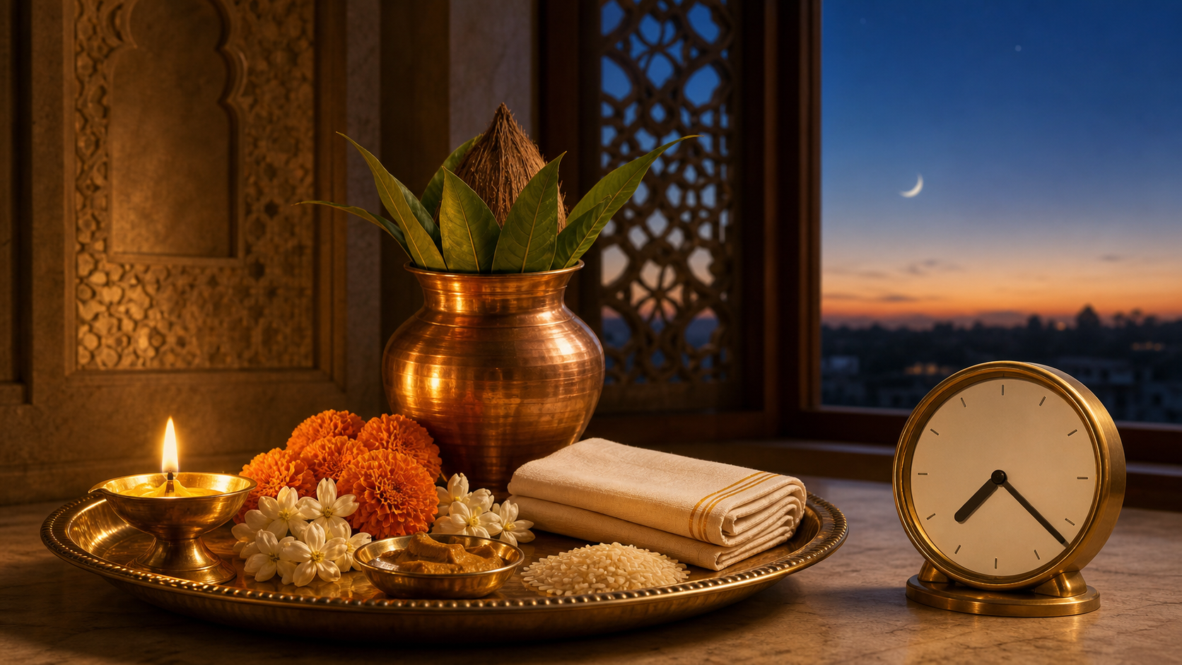 A brass puja tray with an oil lamp, flowers, copper vessel, and an unnumbered clock beside a window at twilight with a waxing moon.