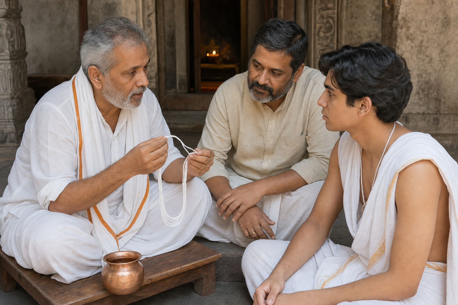 A teacher discusses a coil of sacred thread with an initiate and parent in a quiet temple-school courtyard.