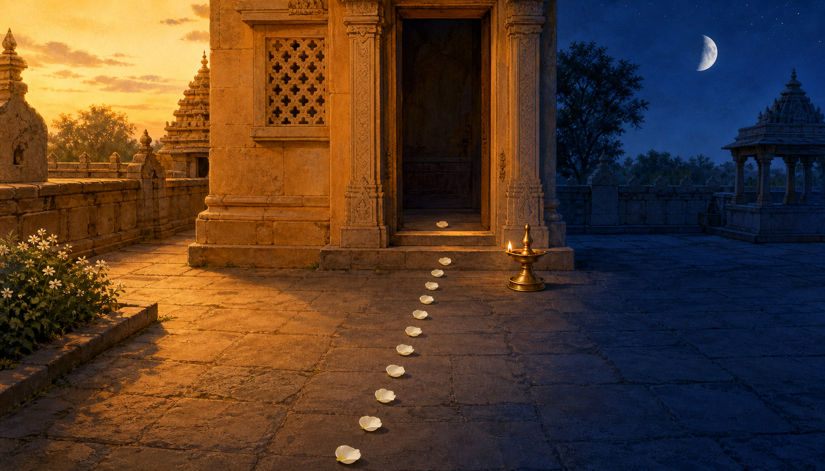 A temple courtyard changes from sunset to twilight across a central threshold, with flower petals, a lit brass lamp, and a waxing moon.