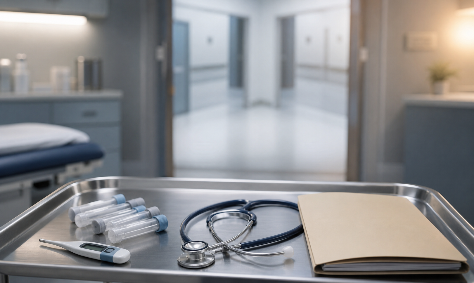 A thermometer, specimen tubes, stethoscope, and unmarked folder on a hospital tray with a branching corridor in the background.