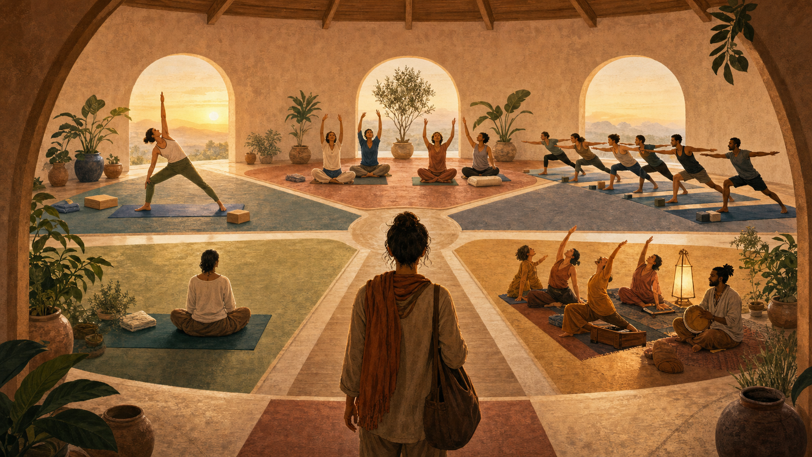 A newcomer stands in a circular yoga hall where five spaces show alignment practice, rhythmic breathing, a dynamic sequence, meditation and a community practice with music.