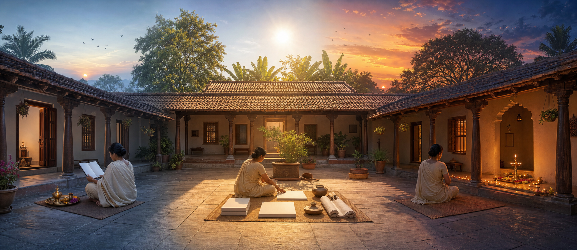 A continuous courtyard scene shows sunrise planning, midday work preparation, and an oil lamp ready for evening worship.