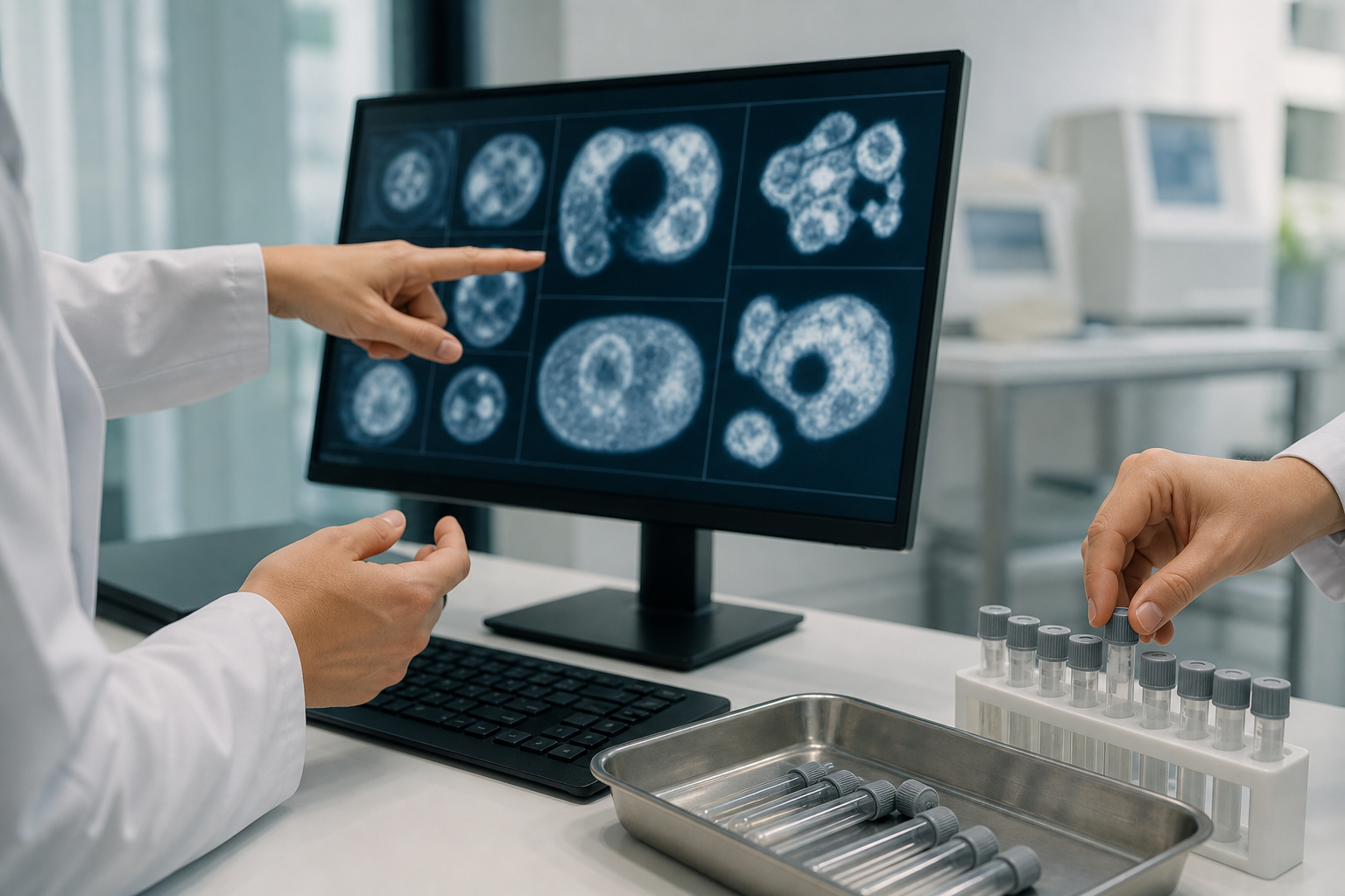 Anonymous clinicians' hands review abstract scan imagery beside sealed sample tubes in a hospital diagnostic room.