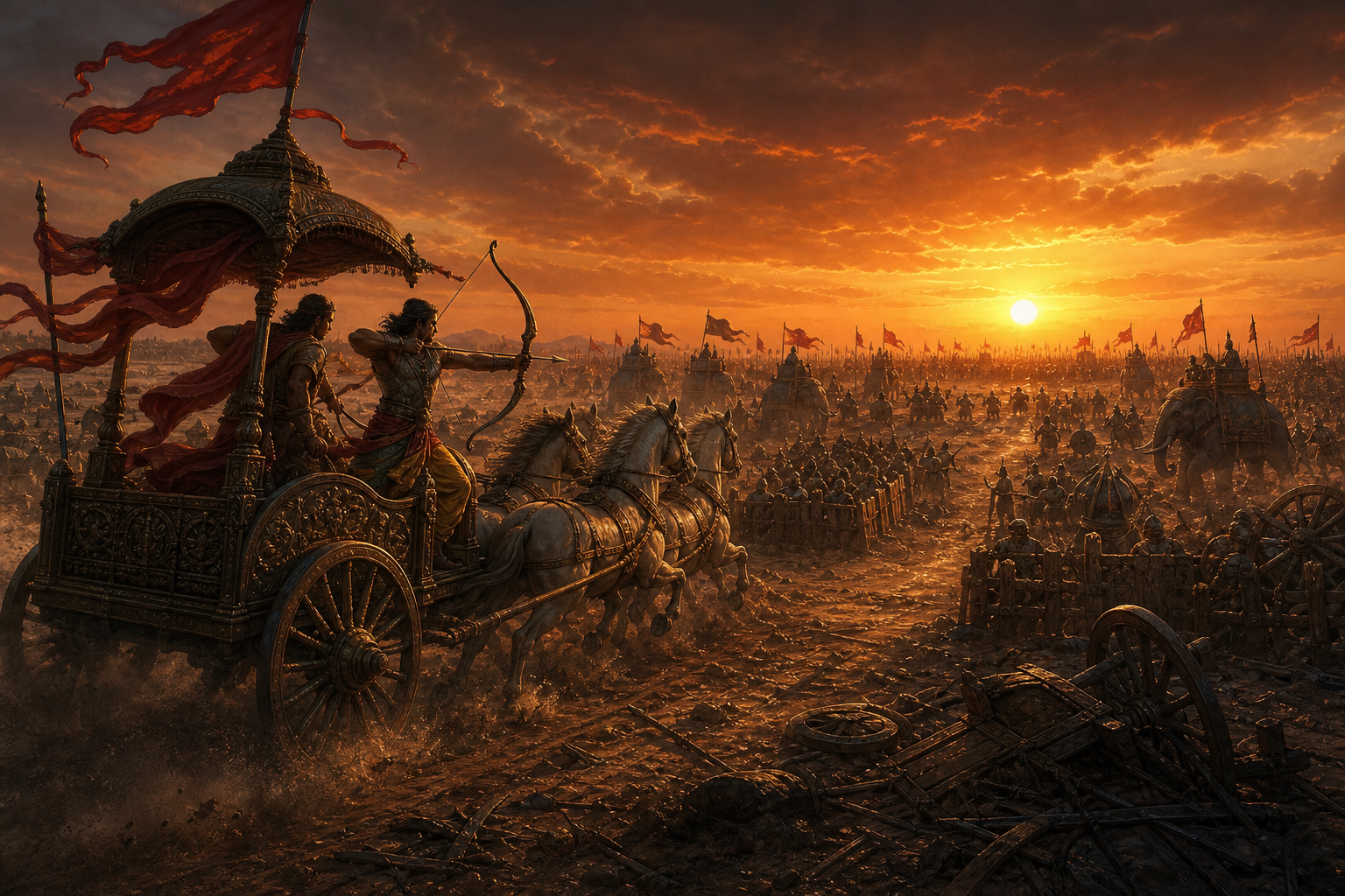 A war chariot races through defensive formations on Kurukshetra as the sun descends toward the western horizon.