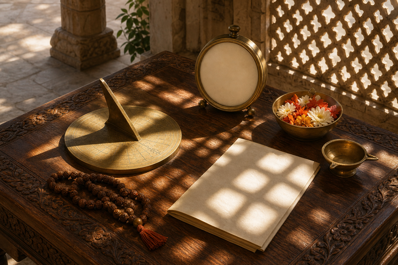 A brass sundial, unnumbered clock, blank paper, prayer beads, flowers, and an oil lamp sit in alternating sunlight and shadow.