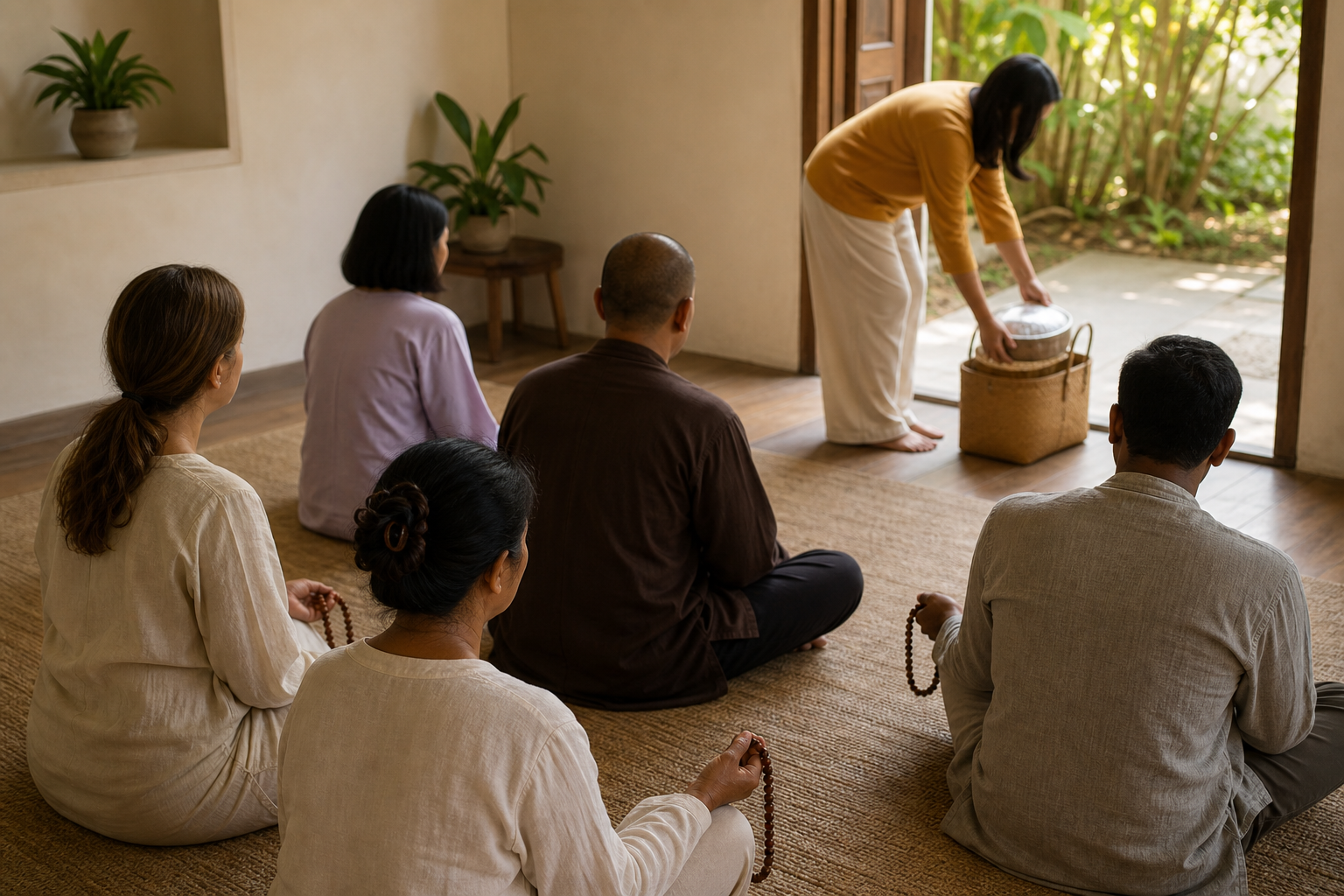 A small group of anonymous devotees prays quietly while a covered meal is placed in a care basket near the doorway.