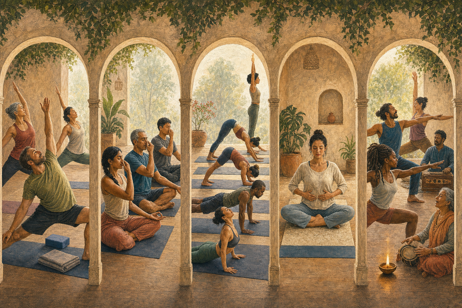 Five adjoining scenes show slow alignment with props, coordinated seated breathing, a fixed athletic sequence, silent breath meditation and a flowing community practice with music.