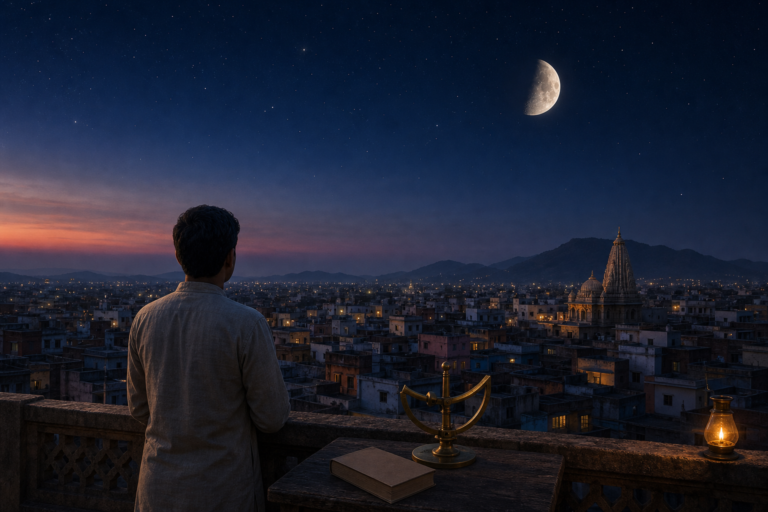 An observer on a city terrace looks toward a waxing moon above rooftops, a temple silhouette, and distant hills.
