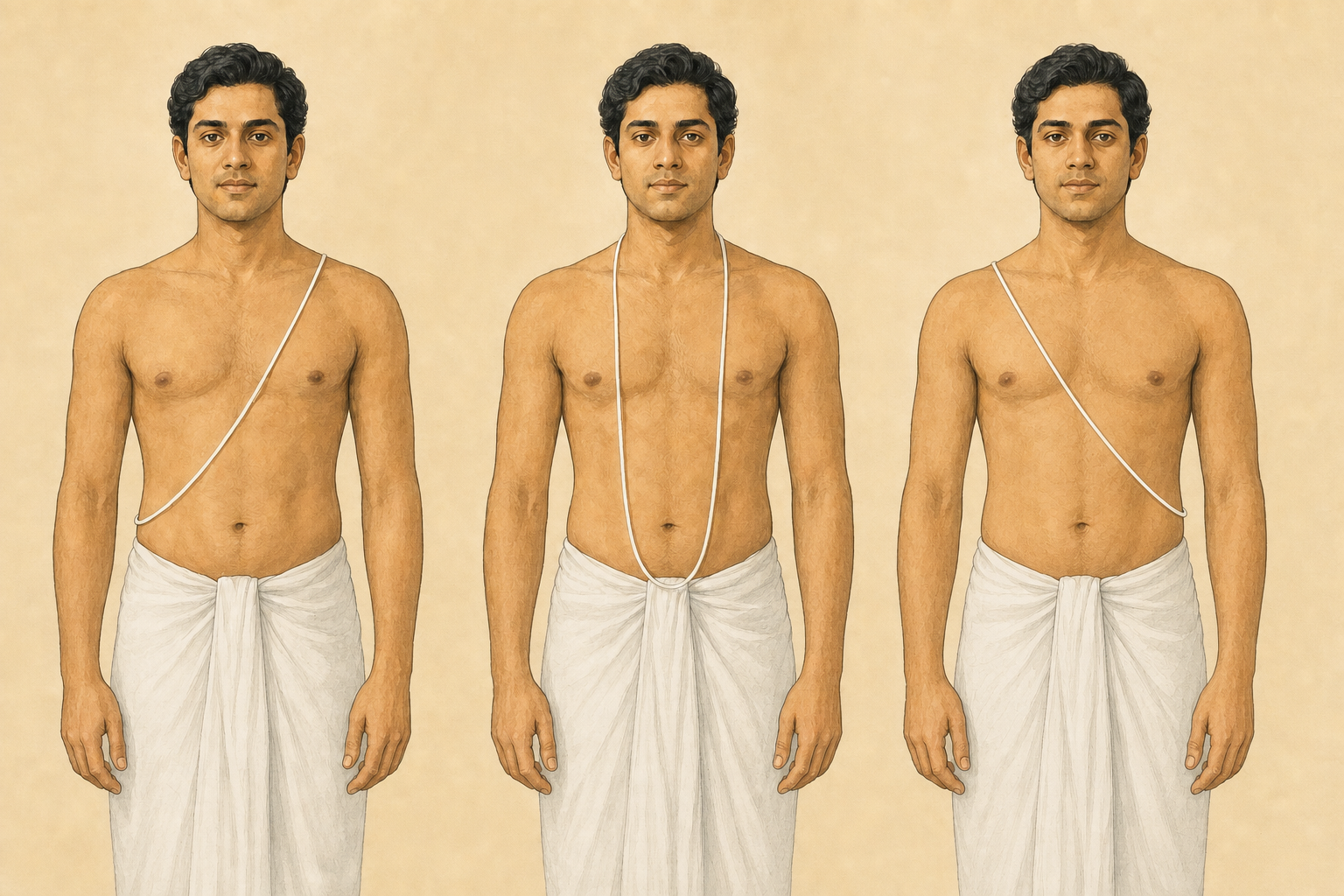 Three side-by-side views show a sacred thread over the left shoulder, around the neck, and over the right shoulder.