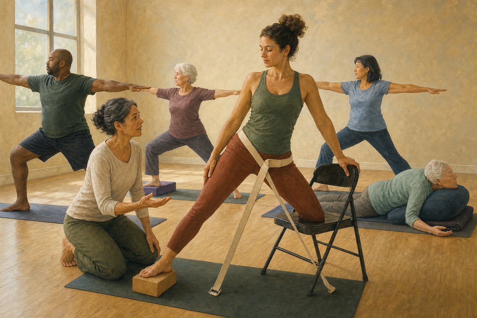 A yoga teacher demonstrates a prop-supported pose at eye level while students with different abilities practise suitable variations in a small class.