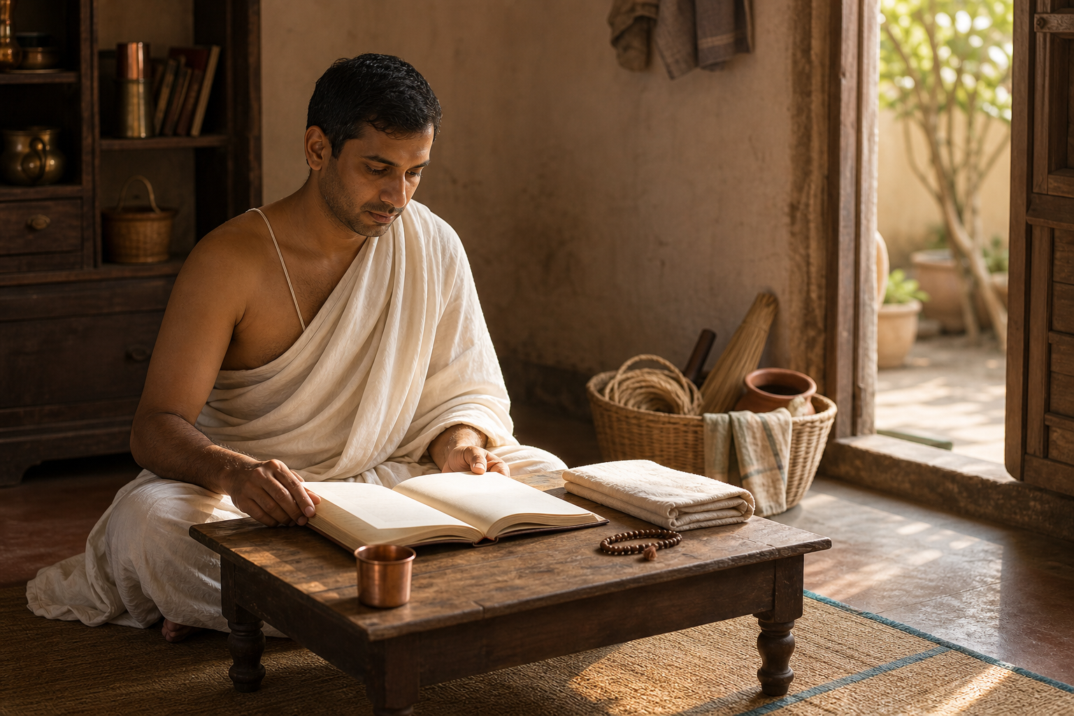 A sacred-thread wearer studies at a low desk in morning light with a copper cup, prayer beads, and household supplies nearby.