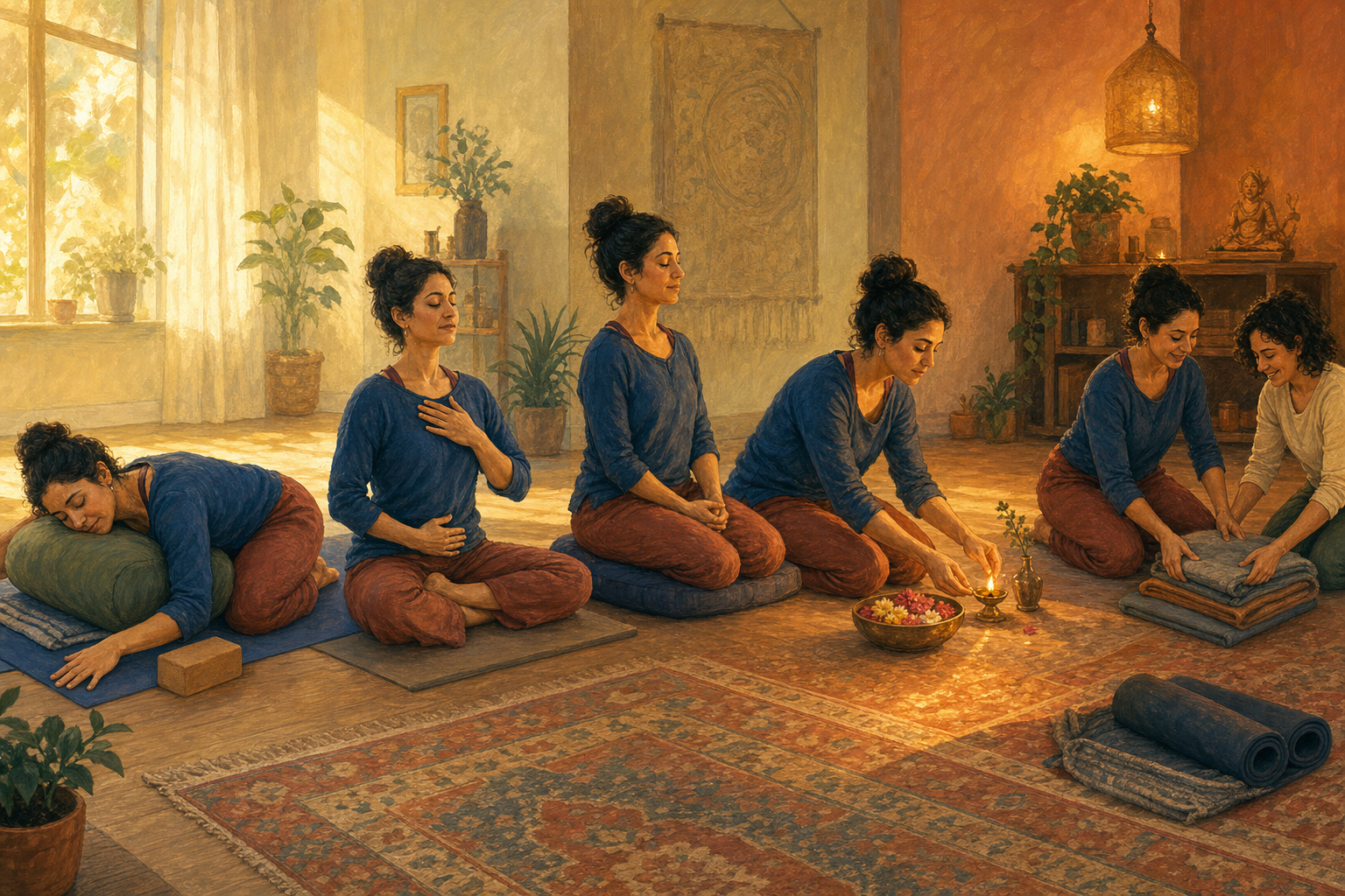 One practitioner is shown moving from a supported posture to breathing and meditation, tending a small lamp, and helping another person fold studio blankets.