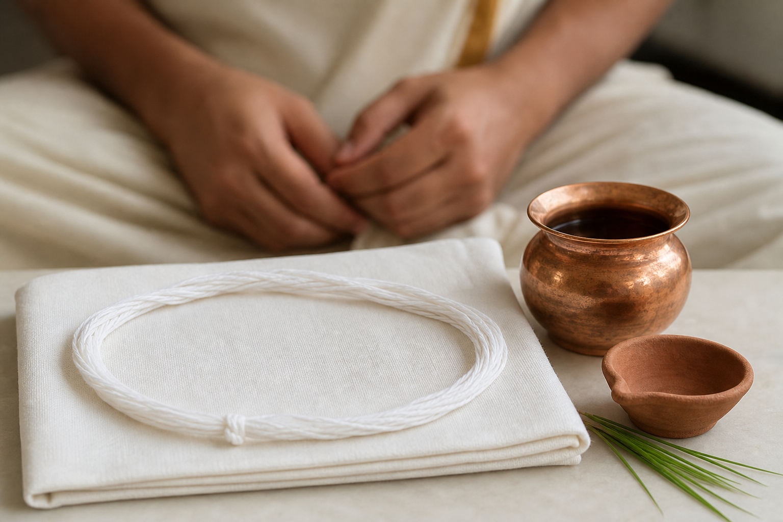 A fresh white sacred thread lies on folded cotton beside a copper water bowl, sacred grass, and a clay lamp.