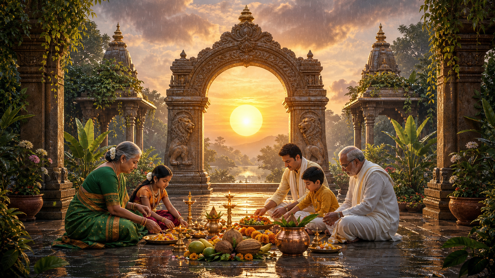 A family prepares lamps, flowers, fruit, and brass vessels in a Hindu temple courtyard as the sun rises through a lion-carved stone arch.