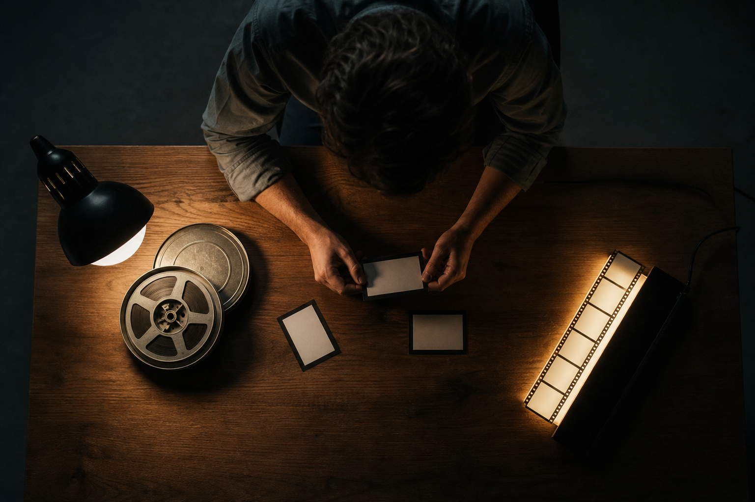 A researcher studies blank film materials on a wooden table lit by a single warm lamp.