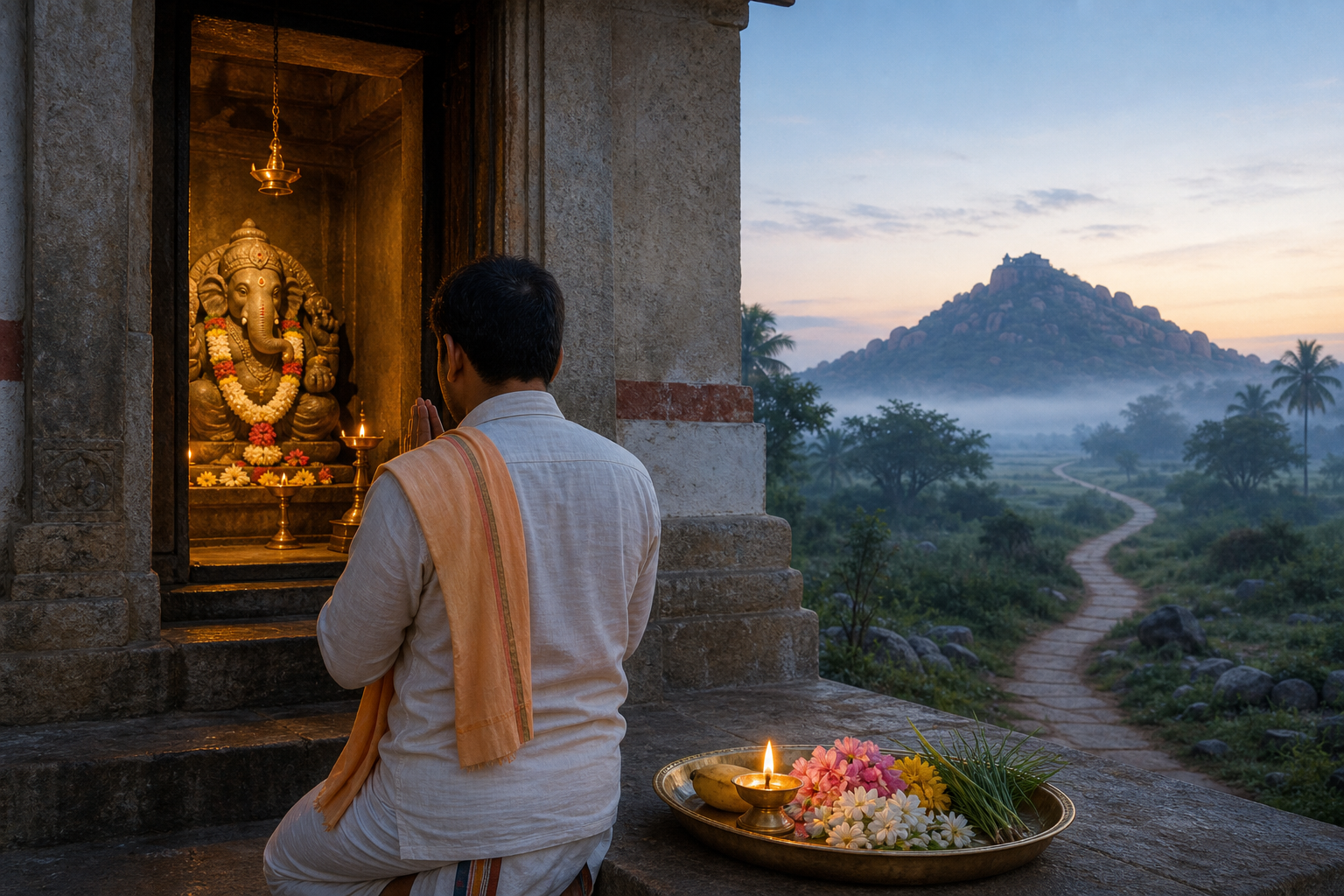 A devotee stands with joined hands before a small Ganesha shrine at dawn, with a lamp, flowers, fruit, durva grass, and a path toward a sacred hill.