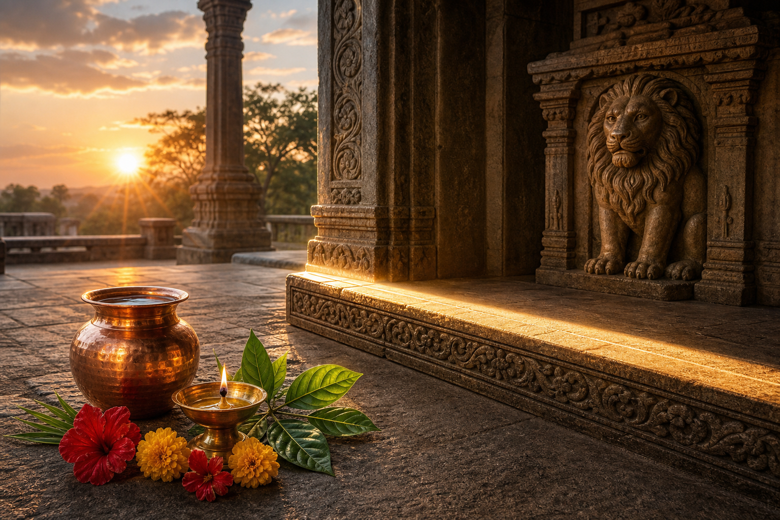 Sunlight crosses a stone threshold toward a carved lion beside a copper water vessel, an oil lamp, flowers, and green leaves.