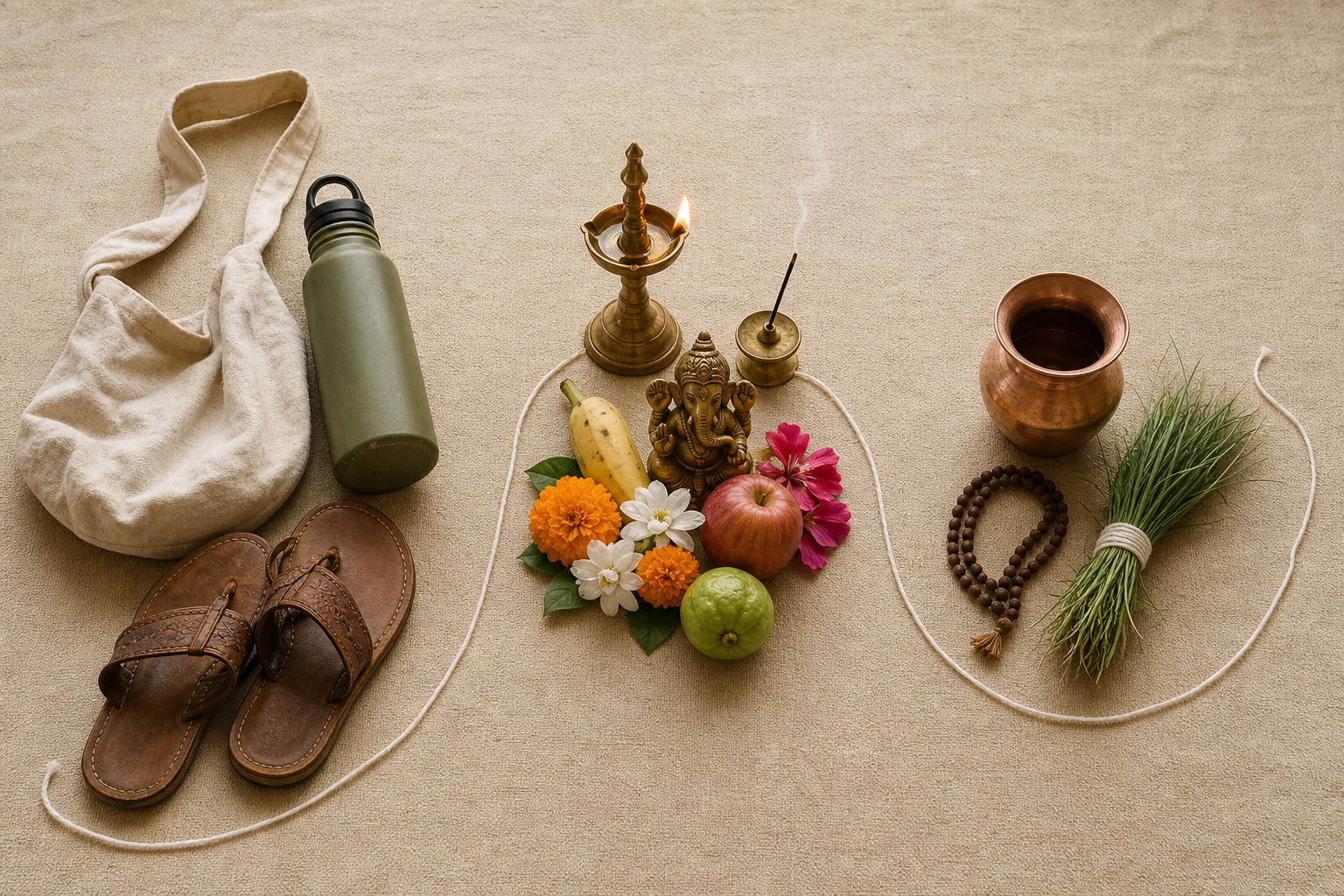 Pilgrimage supplies, a Ganesha puja arrangement, and simple vrata items are placed in three groups on a woven mat.