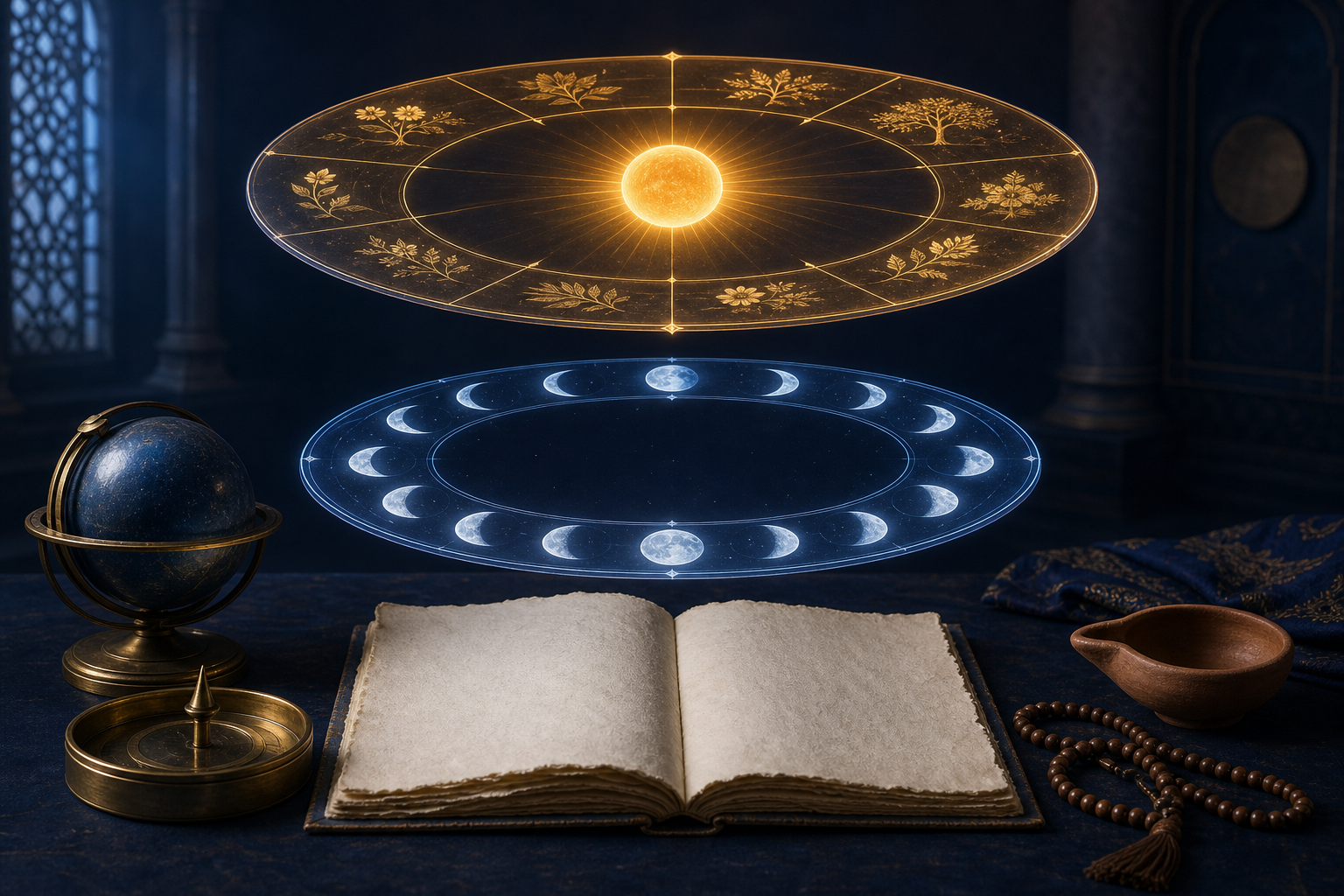 Separate translucent layers display a glowing sun and a sequence of moon phases above a blank folio, compass, beads, and clay lamp.