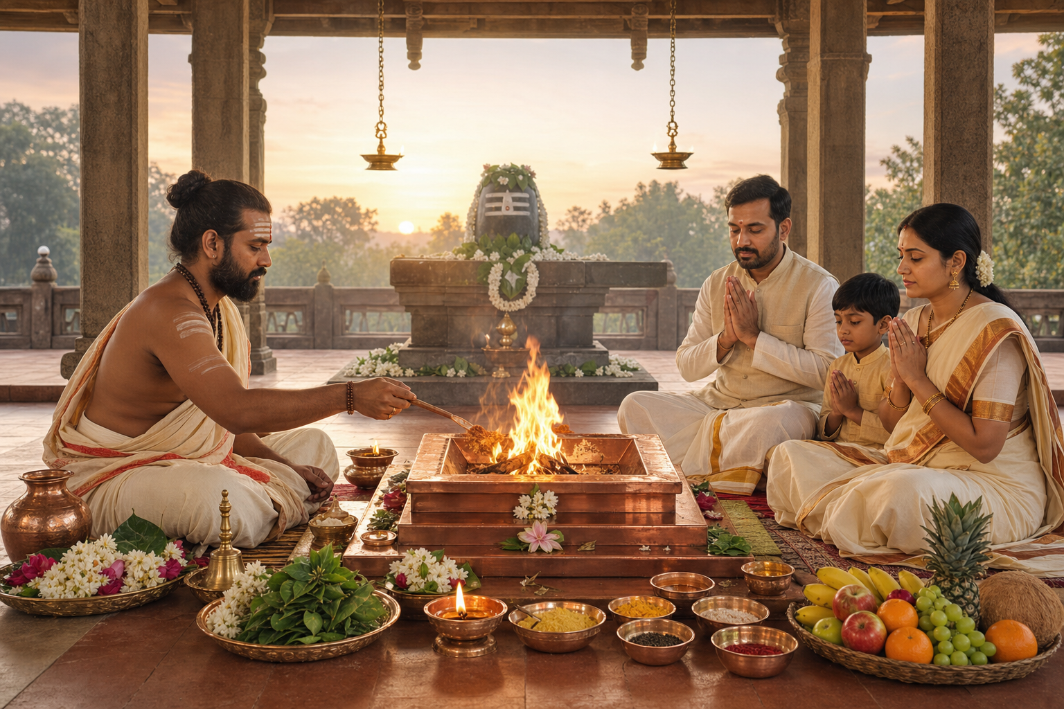 A priest and family participate in a Shiva-dedicated fire ritual beside an altar with offerings and a flower-adorned stone lingam.