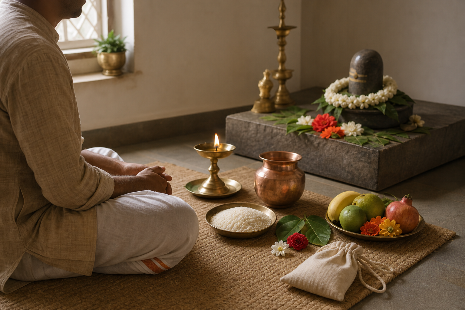 A devotee reflects before a small Shiva shrine with a lamp, copper vessel, rice, leaves, flowers, and fruit prepared nearby.