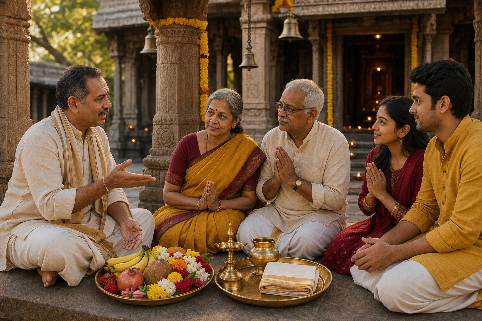A family listens to a temple priest beside trays of flowers, fruit, lamps, and ritual vessels in a carved temple courtyard.