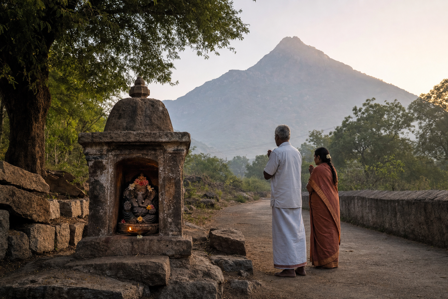 Two pilgrims pause at a small roadside Pillayar shrine with Arunachala hill visible beyond the walking path at sunrise.
