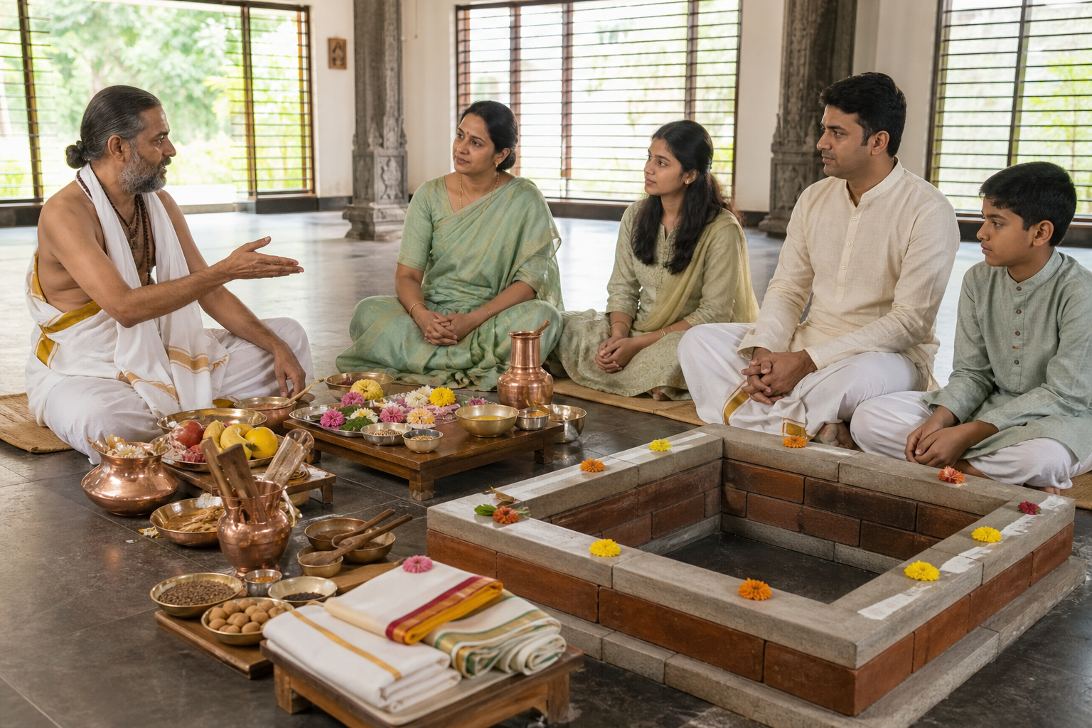 A priest explains an organized homam setup to a family beside an unlit fire altar and neatly arranged ritual materials.