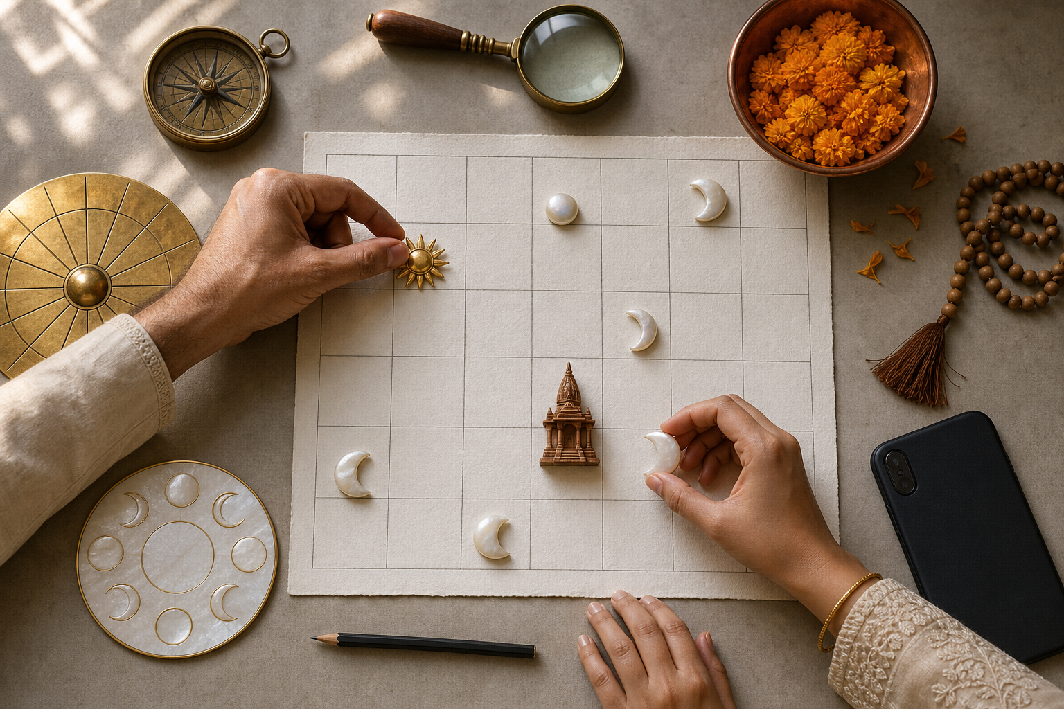 Hands arrange sun, moon, and temple tokens on an unnumbered planning sheet surrounded by reference wheels, a compass, beads, flowers, and a pencil.