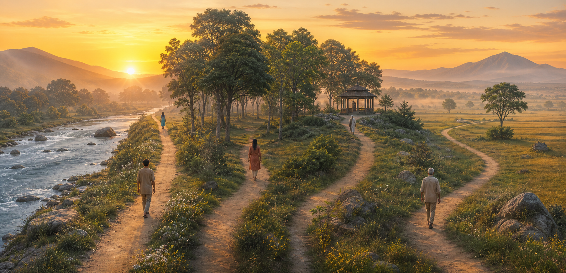 Several people follow separate paths through a misty landscape toward the same sunlit horizon.