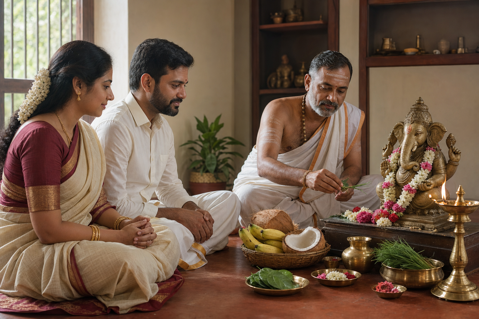Two adults and a priest sit before a flower-adorned Ganesha shrine during a simple home puja with lamps, fruit, leaves, and water vessels.