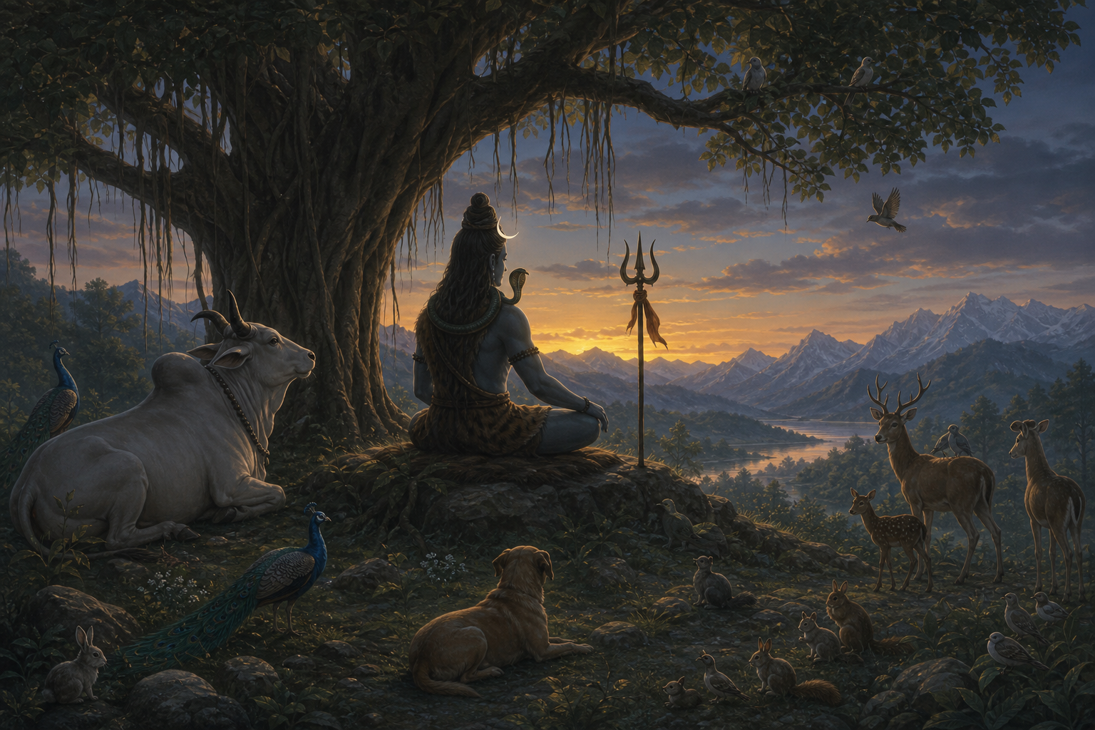 A symbolic depiction of Shiva meditating beneath a banyan tree while a bull, deer, birds, a dog, and other animals gather peacefully nearby.