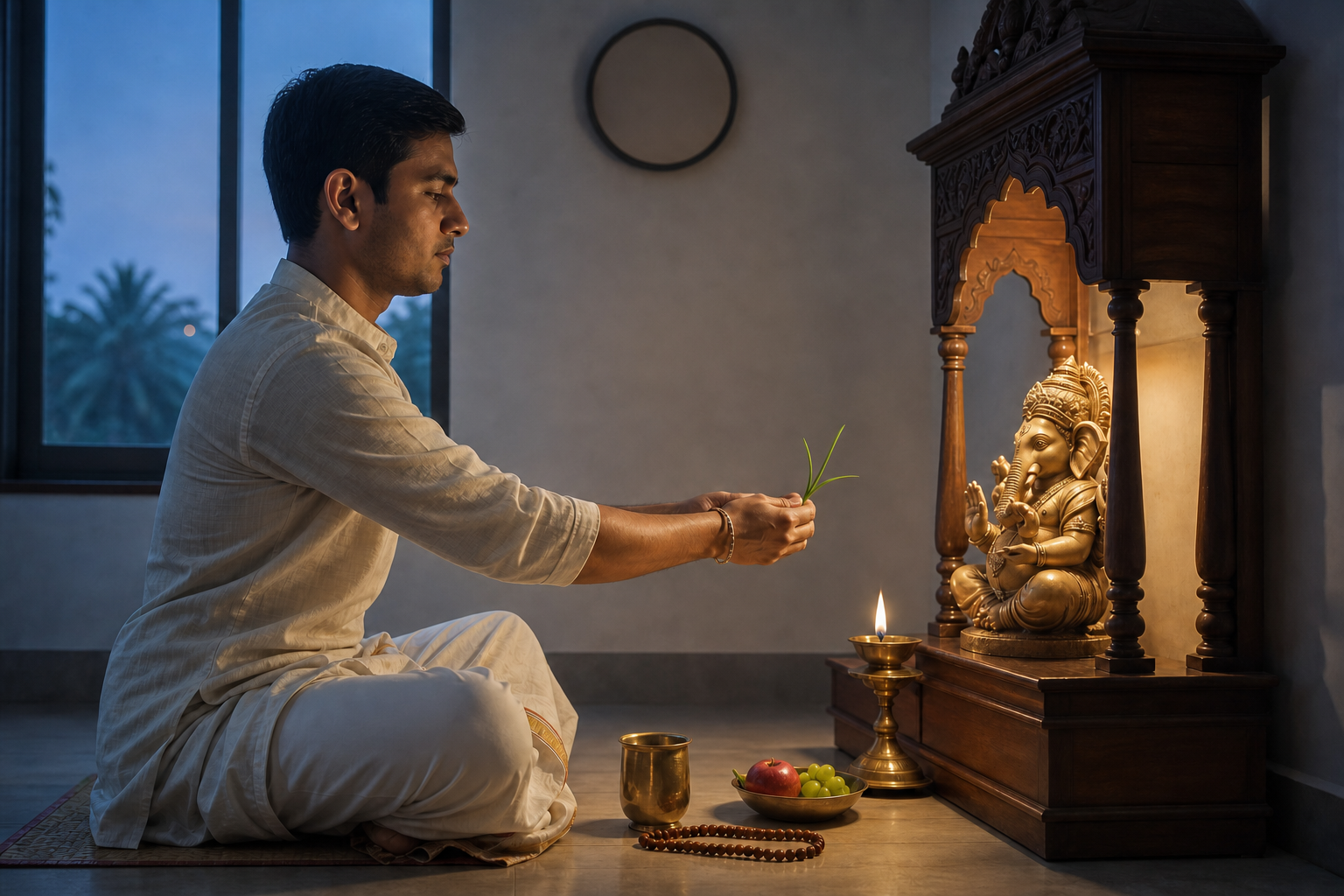 A seated devotee offers fresh durva grass at a simple Ganesha shrine beside a lamp, water cup, fruit, and prayer beads at dawn.
