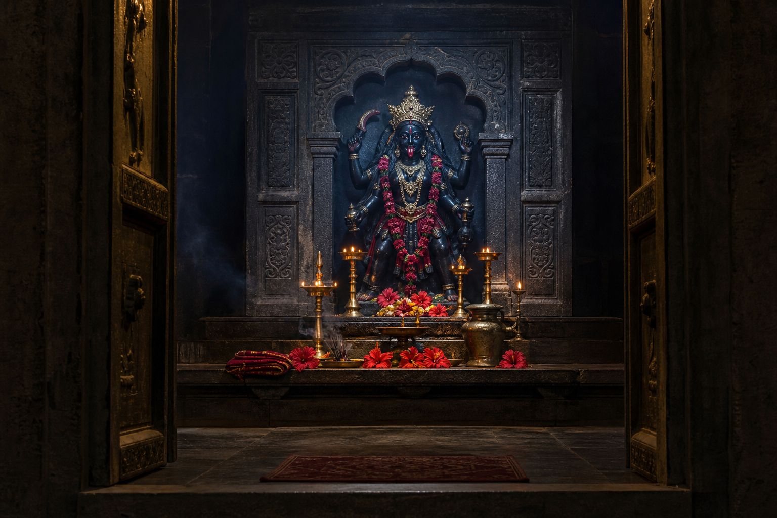A lamp-lit temple shrine with a dark image of Goddess Kali, red hibiscus flowers, brass vessels, and incense viewed from the threshold.