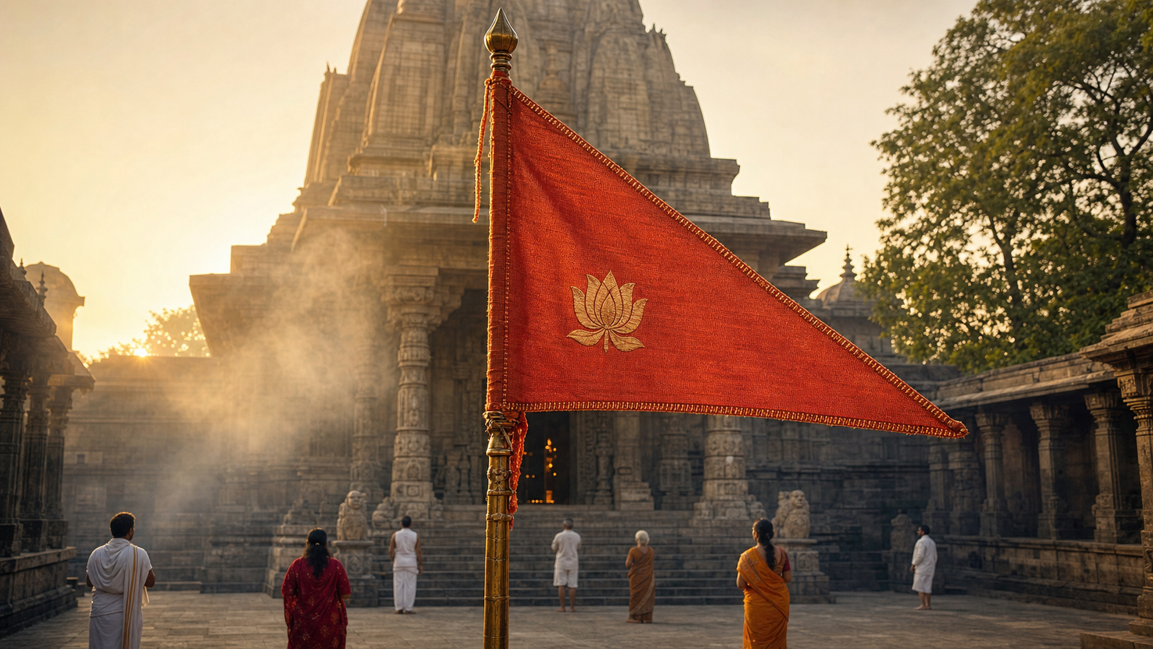 A saffron triangular dhvaja with a gold lotus emblem flies on a ceremonial staff in a stone temple courtyard at sunrise as worshippers stand nearby.