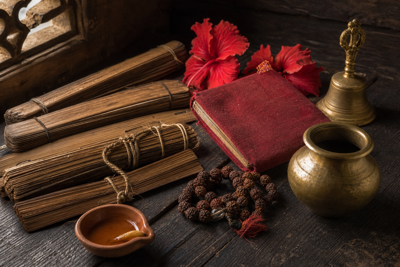 Palm-leaf manuscript bundles, prayer beads, hibiscus flowers, a bell, an oil lamp, and a brass vessel arranged on a wooden surface.