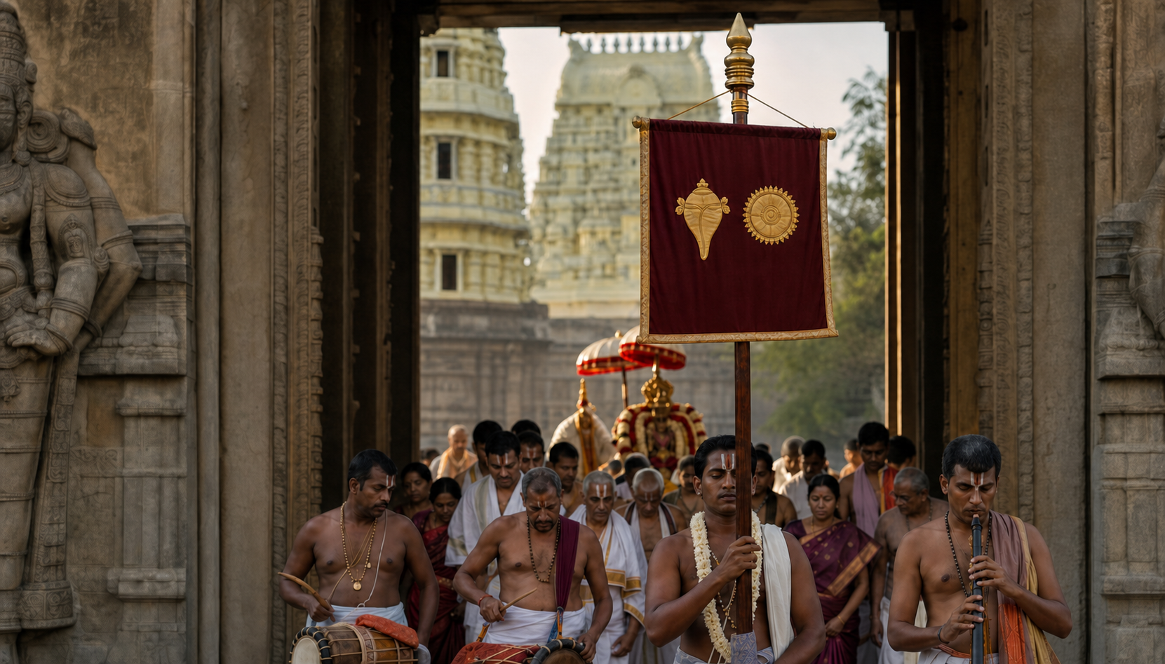 A bearer carries a burgundy dhvaja with gold conch and discus emblems at the head of a procession leaving a carved temple gateway.