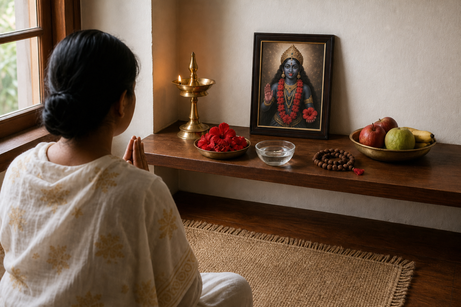 A seated devotee with joined hands faces a simple home altar holding an image of Kali, a lamp, water, fruit, prayer beads, and hibiscus flowers.