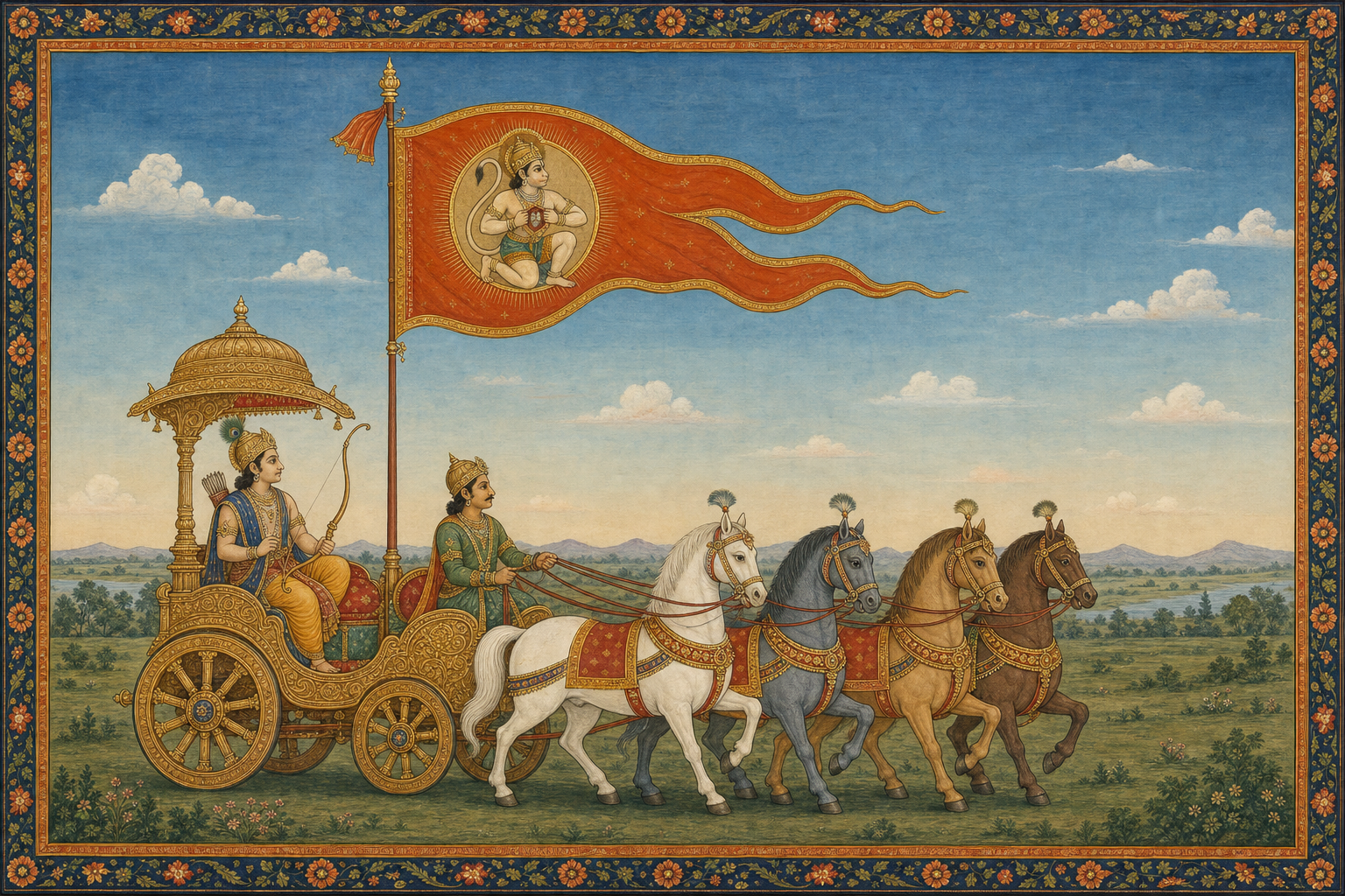 An epic archer and charioteer ride a four-horse chariot beneath a banner bearing a monkey-hero emblem.