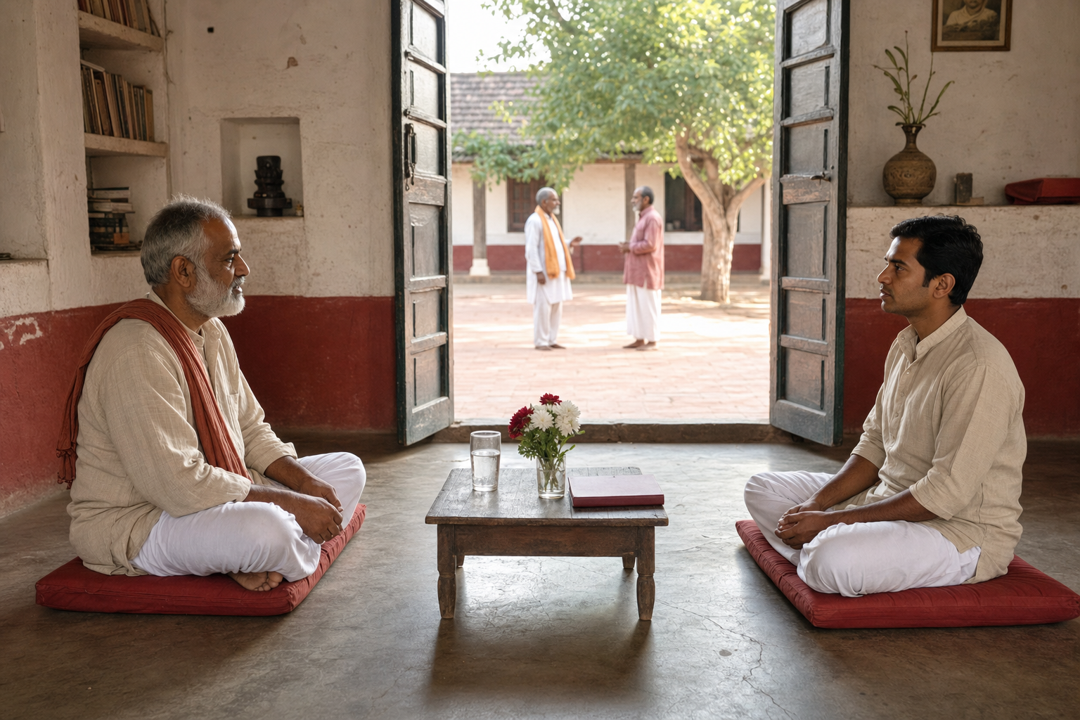 A spiritual teacher and an adult student sit apart in conversation in an open, daylight-filled room while community members remain visible in the courtyard.