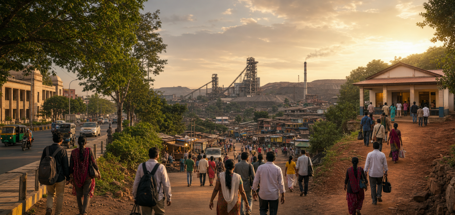 A triptych of capital-city, industrial-city, and smaller-town settings representing outreach across three Jharkhand locations.