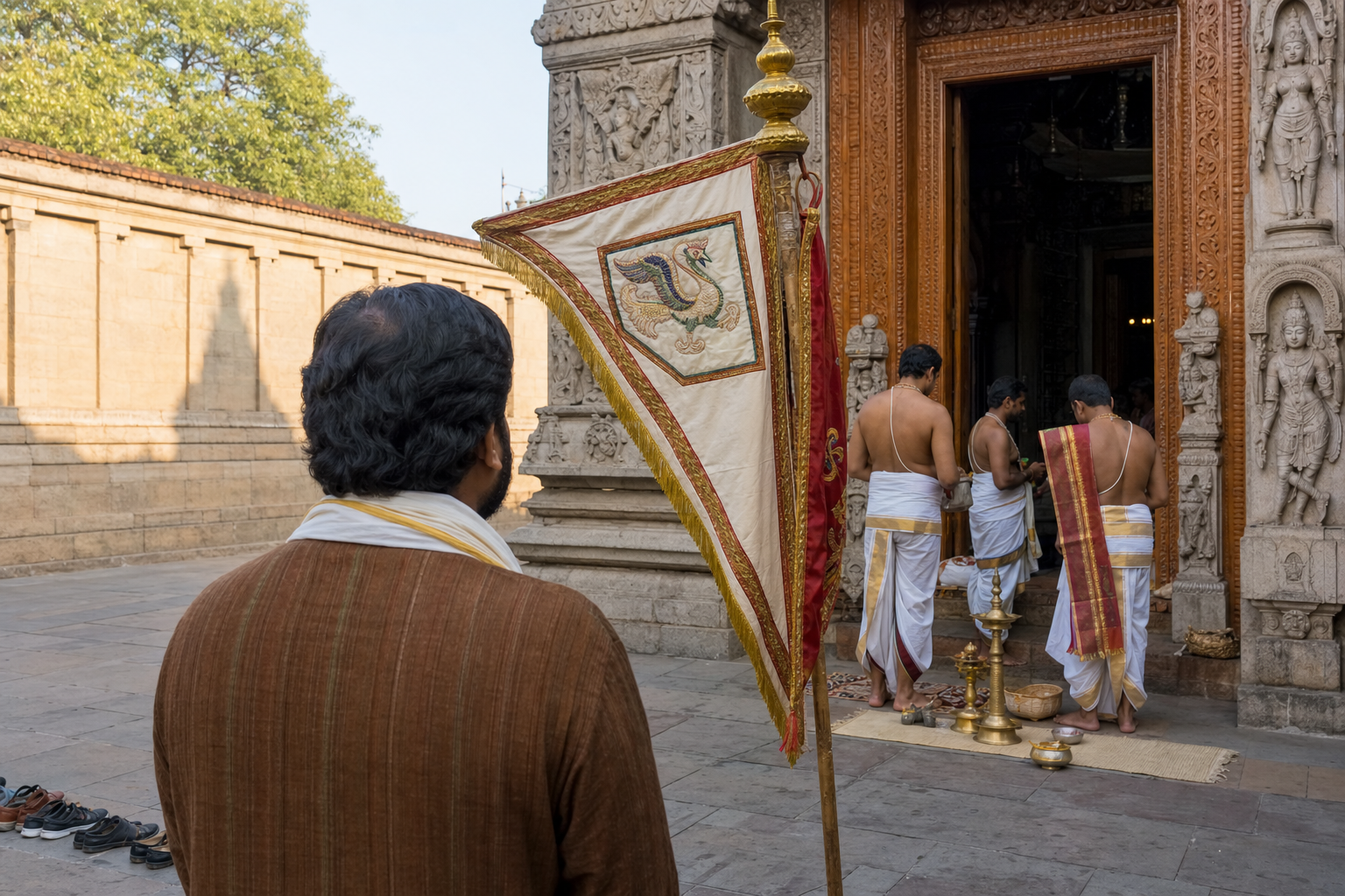 A visitor observes the emblem and placement of a ceremonial dhvaja beside a carved temple entrance while attendants prepare nearby.