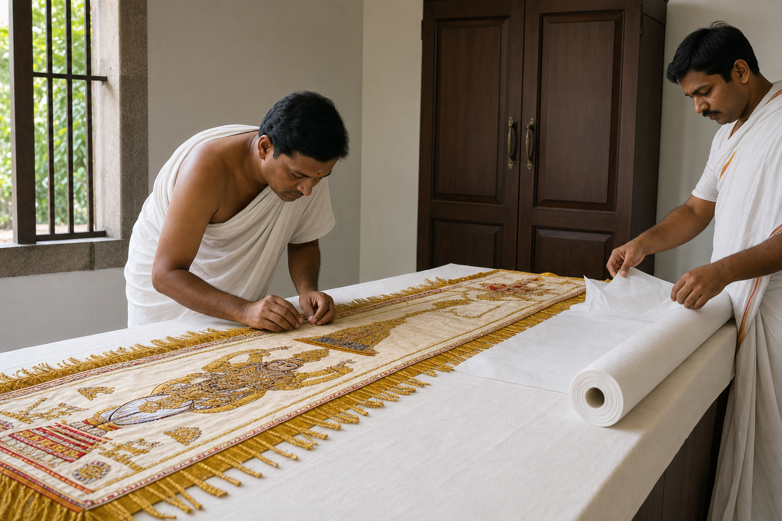 Two caretakers inspect a sacred embroidered dhvaja on a clean covered table and prepare it for supported archival storage.